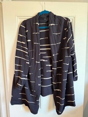 NIC+ZOE Muted Navy Open-Front Stripe Cardigan with Ecru Accents 2x